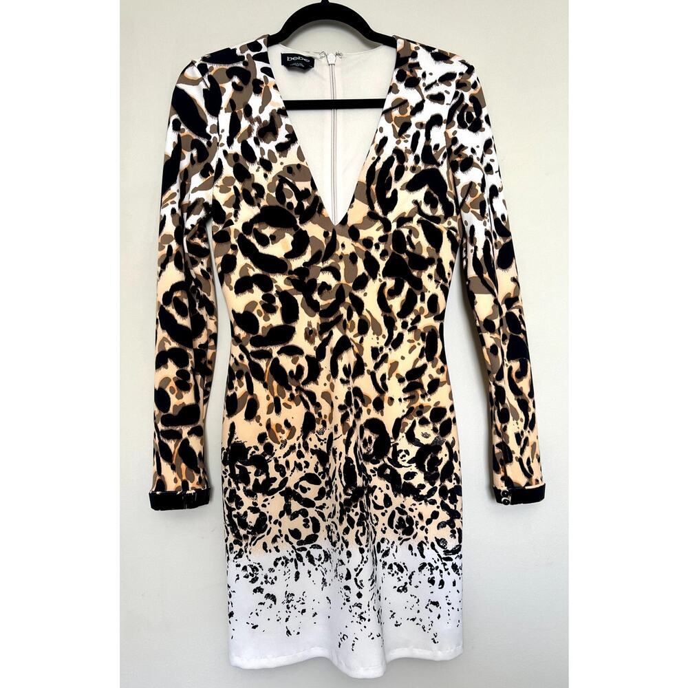Bebe Animal Leopard Print Bodycon Long Sleeve Mini Dress Size S/Petite Women's